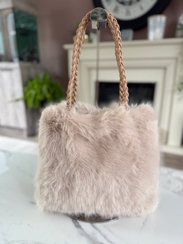 Faux Fur Braided Handle Tote Bag Cream