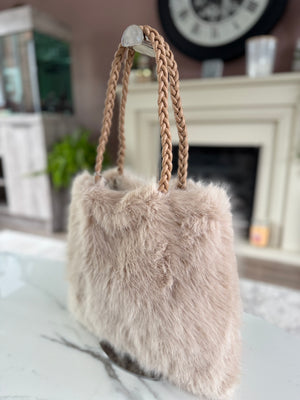 Faux Fur Braided Handle Tote Bag Cream