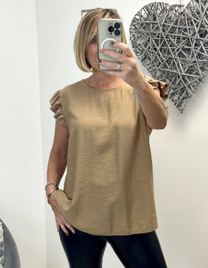 Grace Frill Sleeve Button Back Top 8 - 16 Camel - Susie's Boutique - | Women's Fashion Online
