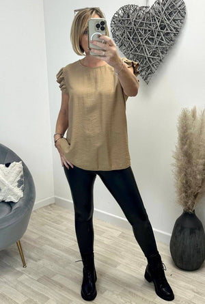 Grace Frill Sleeve Button Back Top 8 - 16 Camel - Susie's Boutique - | Women's Fashion Online