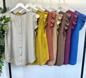 Grace Frill Sleeve Button Back Top 8 - 16 Camel - Susie's Boutique - | Women's Fashion Online