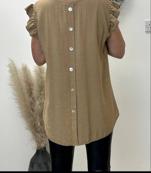 Grace Frill Sleeve Button Back Top 8 - 16 Camel - Susie's Boutique - | Women's Fashion Online