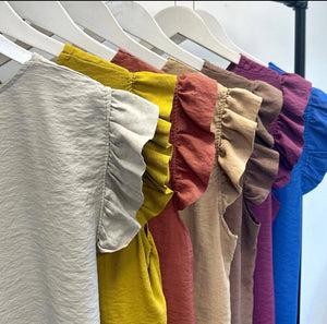 Grace Frill Sleeve Button Back Top 8 - 16 Camel - Susie's Boutique - | Women's Fashion Online