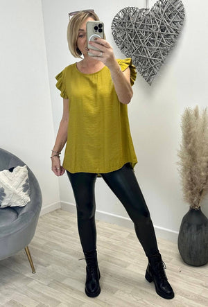 Grace Frill Sleeve Button Back Top 8 - 16 Mustard - Susie's Boutique - | Women's Fashion Online