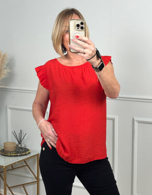 Grace Frill Sleeve Button Back Top 8 - 16 Red - Susie's Boutique - | Women's Fashion Online