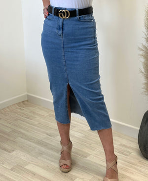 Carlie Denim Midi Skirt sized NO RETURNS ON SALE ITEMS - Susie's Boutique