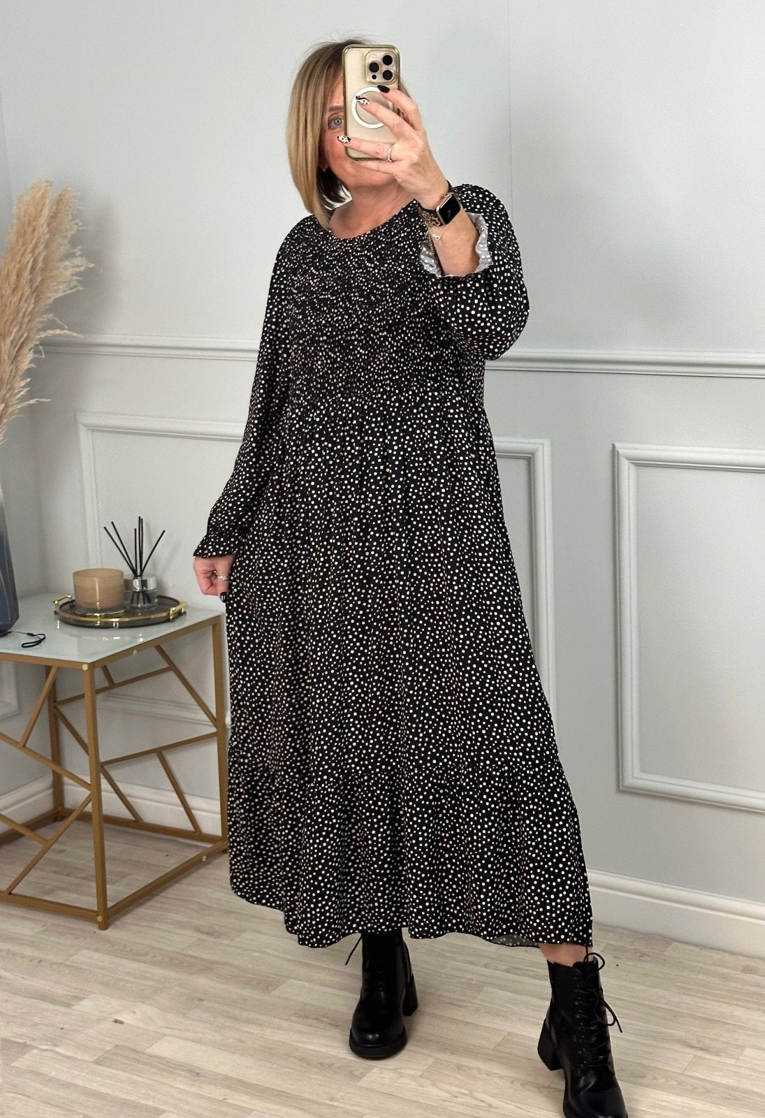 Leyla Sheered Polka Dress 10 - 16 Black - Susie's Boutique - | Women's Fashion Online