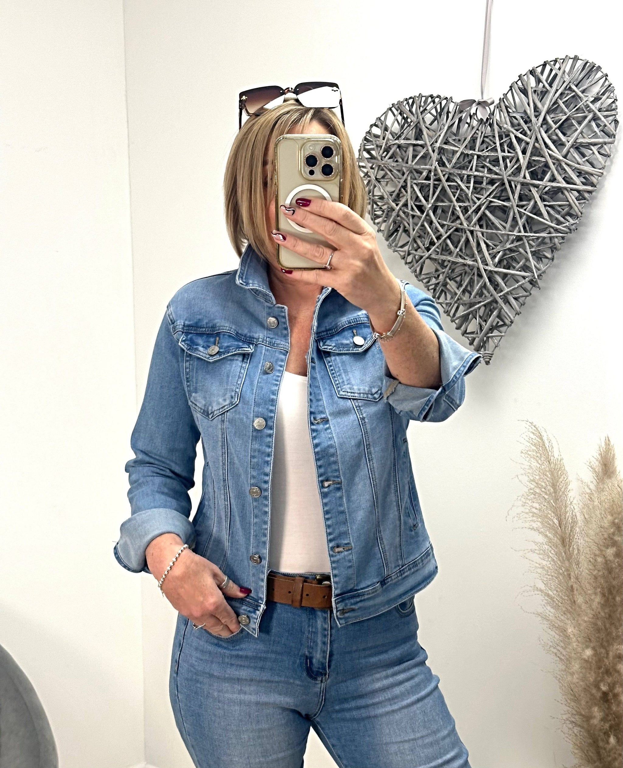 Stretch denim jacket deals