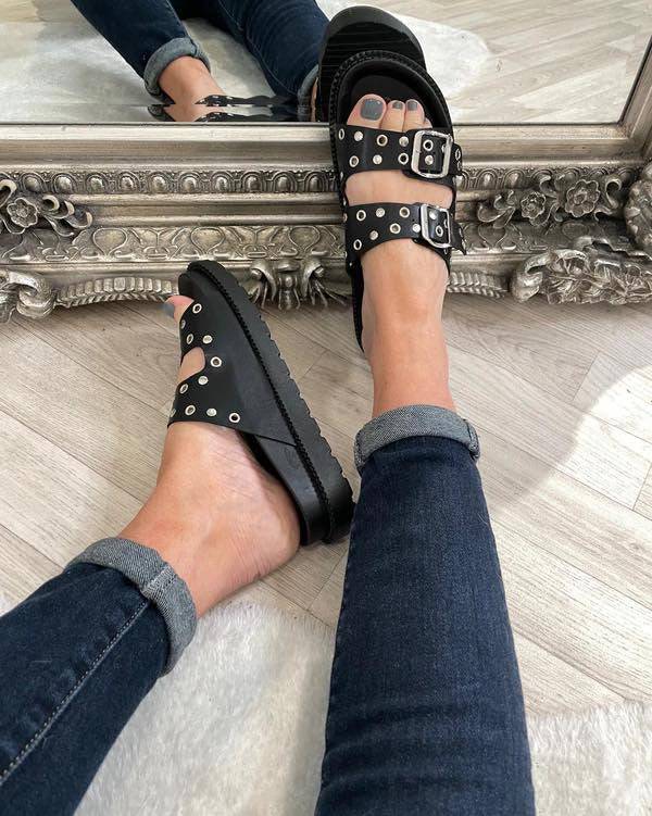Black Buckle Sliders - Susie's Boutique