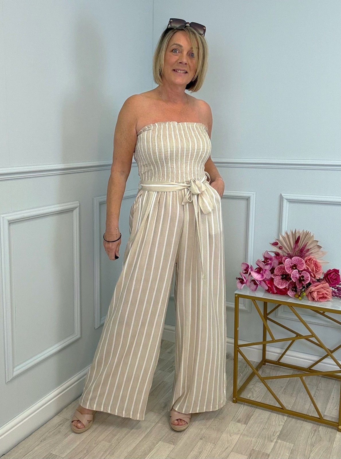 Elodie Pinstripe Shirred Tie Neck Jumpsuit 8 - 16 Beige - Susie's Boutique - | Women's Fashion Online