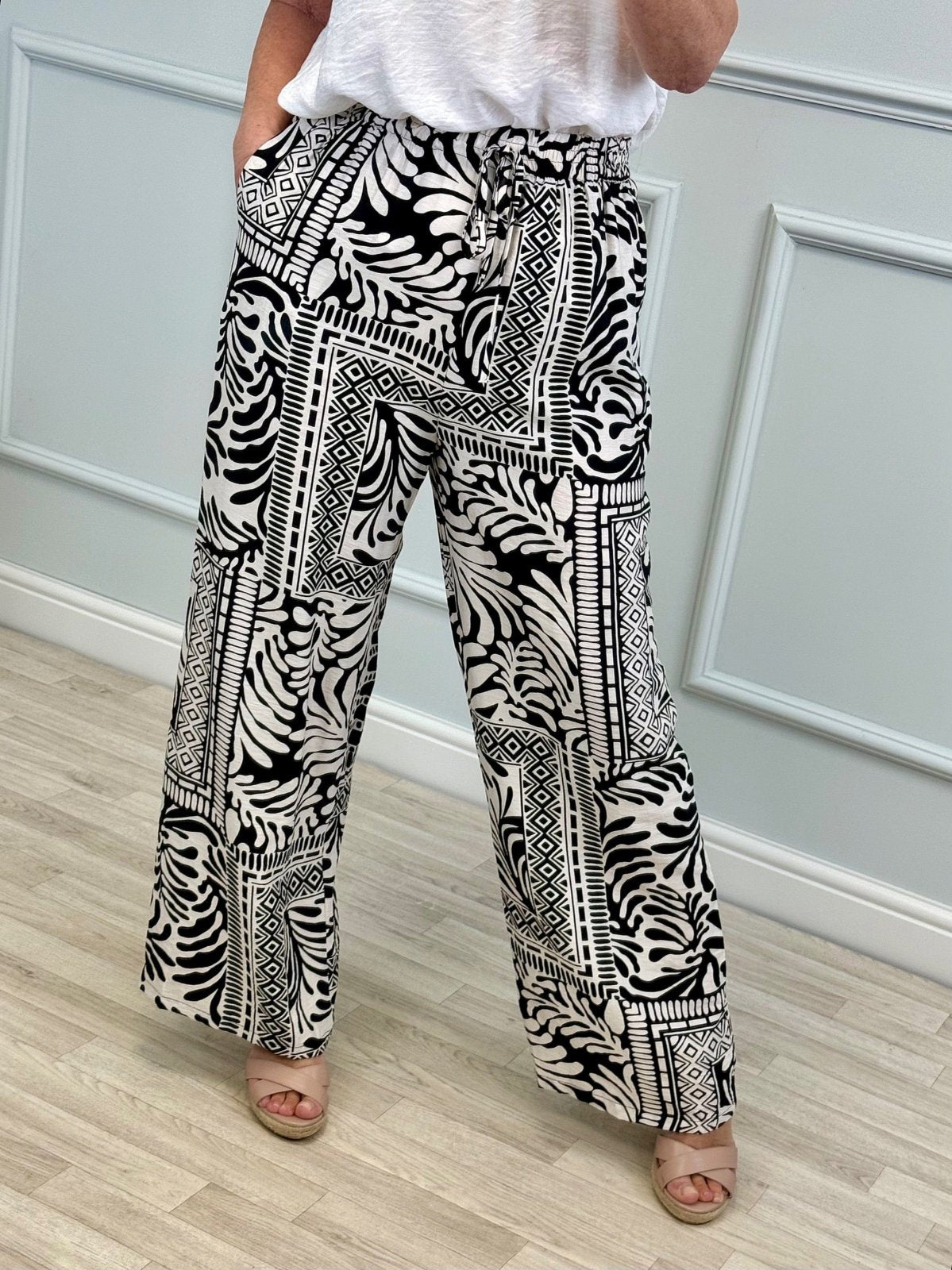 Zahara BlackWide - Leg Trousers – Boho Printed Style (Sizes 8–14) NO RETURNS ON SALE ITEMS - Susie's Boutique - | Women's Fashion Online