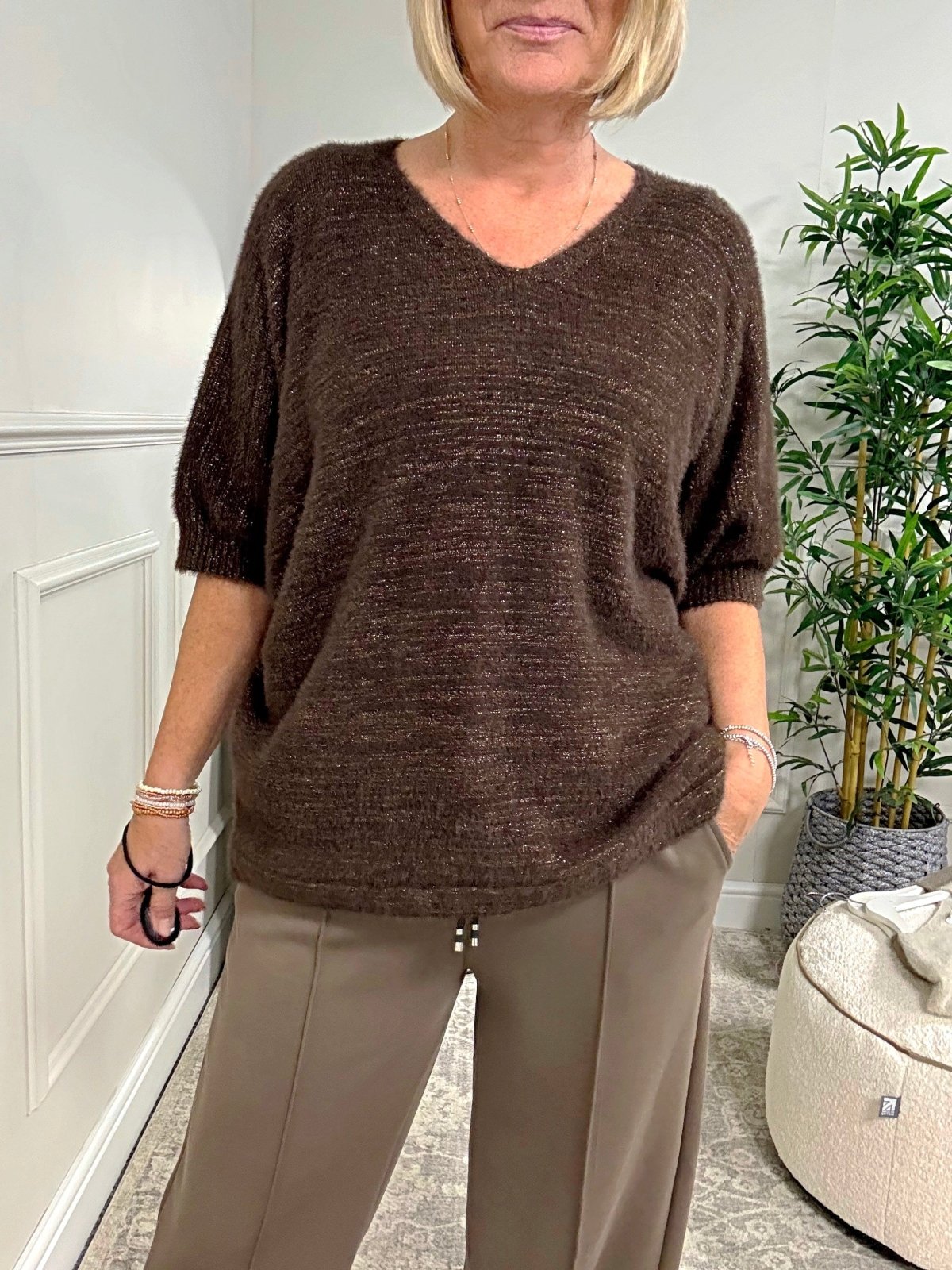 Lucia Soft Knit Lurex V - Neck Jumper 10 - 18 Chocolate - Susie's Boutique - | Women's Fashion Online