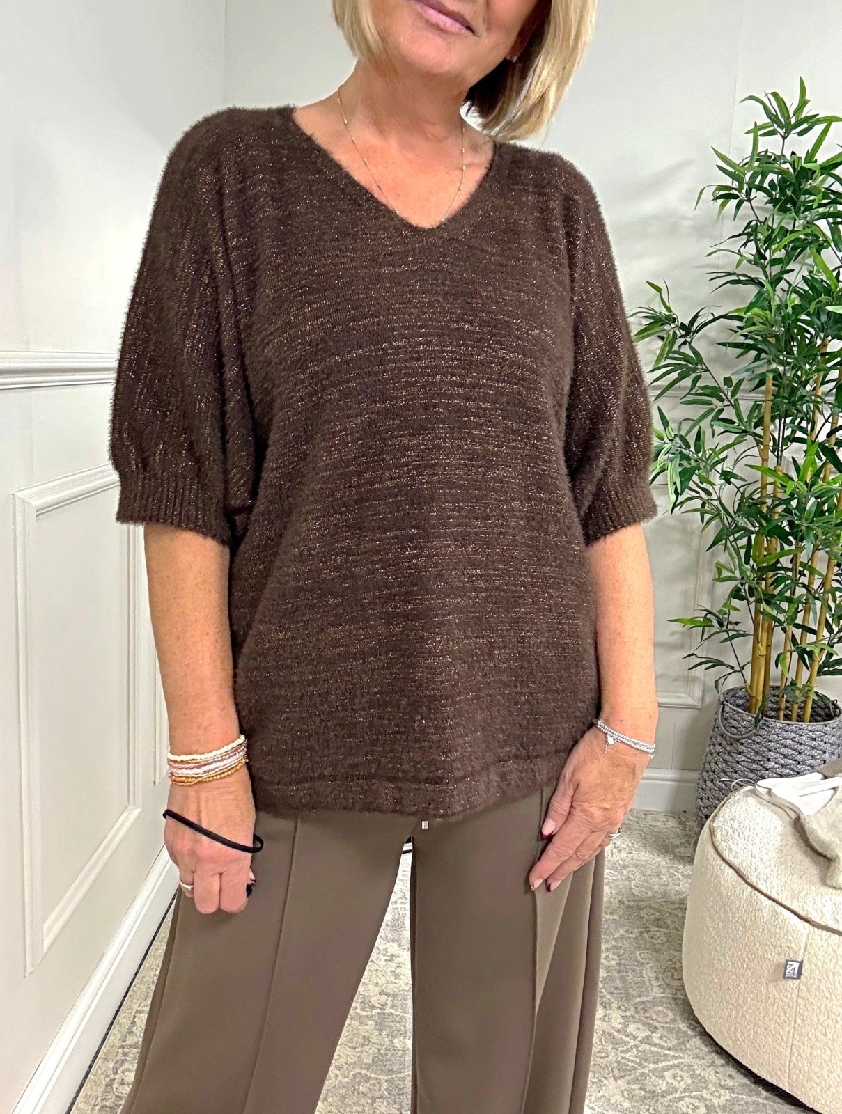 Lucia Soft Knit Lurex V - Neck Jumper 10 - 18 Chocolate - Susie's Boutique - | Women's Fashion Online