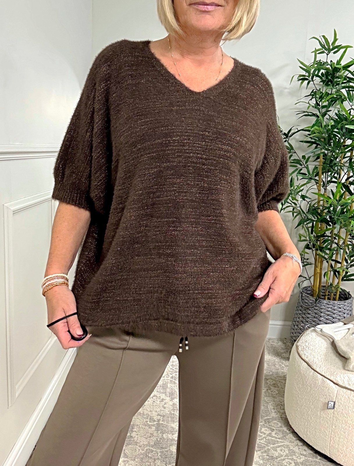 Lucia Soft Knit Lurex V - Neck Jumper 10 - 18 Chocolate - Susie's Boutique - | Women's Fashion Online