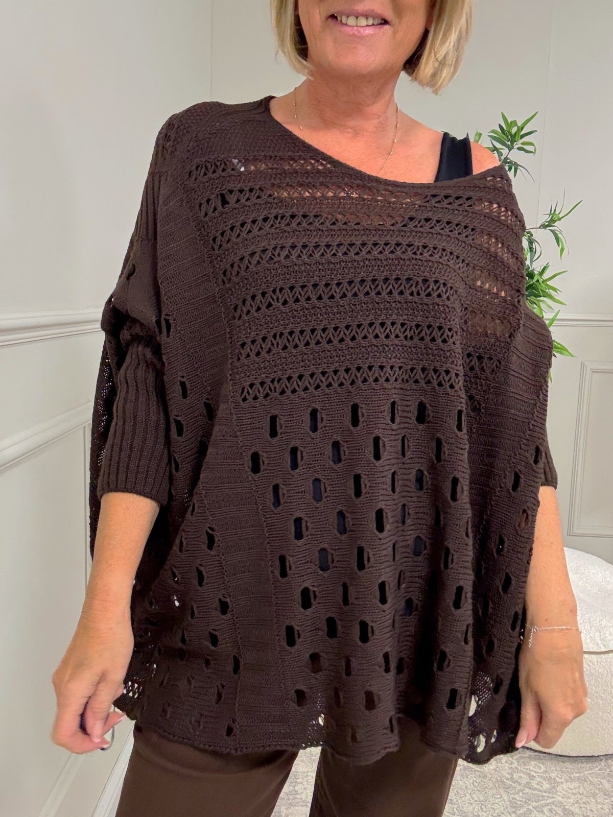 Felicity Oversized Crochet Jumper 8 - 18 Chocolate - Susie's Boutique - | Women's Fashion Online