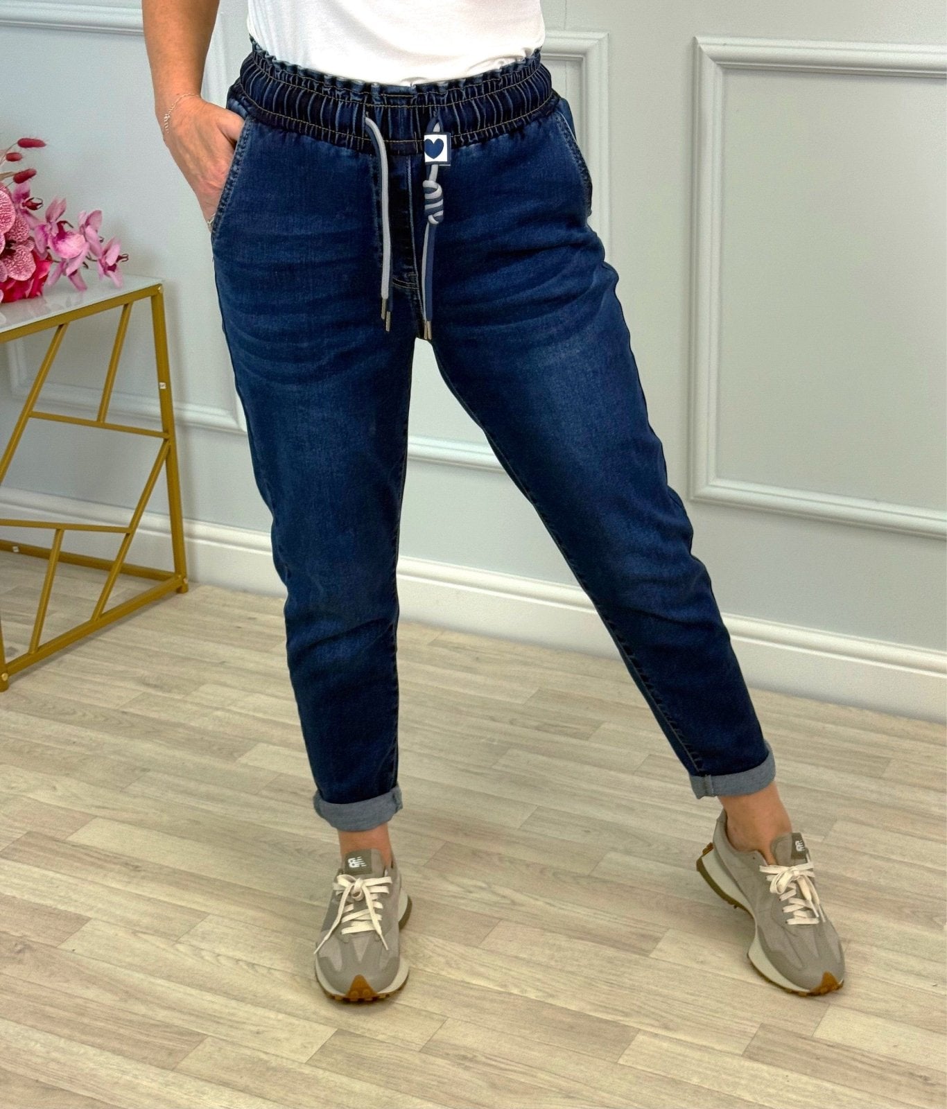 Emily Drawstring Pull‑On Mom Jeans | Sizes 10–20 Dark Wash - Susie's Boutique - | Women's Fashion Online