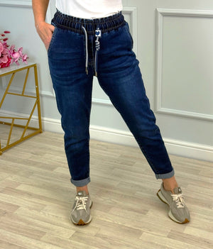 Emily Drawstring Pull‑On Mom Jeans | Sizes 10–20 Dark Wash - Susie's Boutique - | Women's Fashion Online