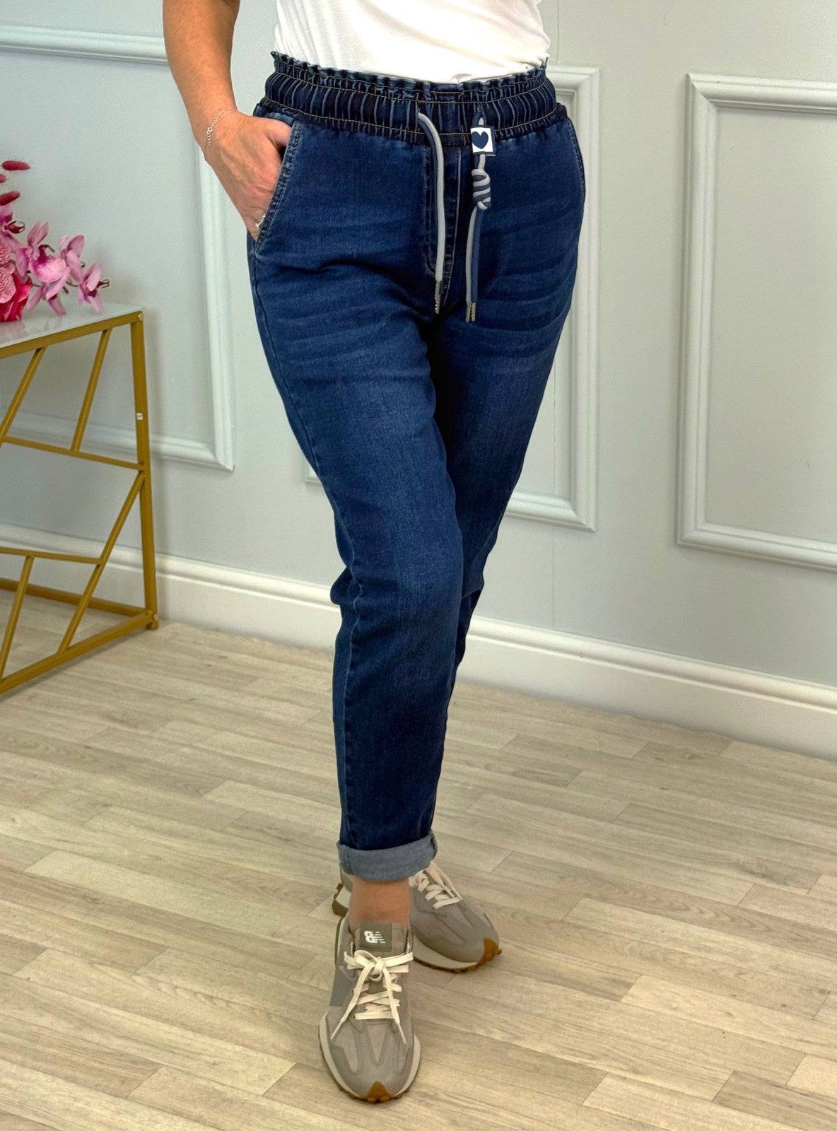 Emily Drawstring Pull‑On Mom Jeans | Sizes 10–20 Dark Wash - Susie's Boutique - | Women's Fashion Online