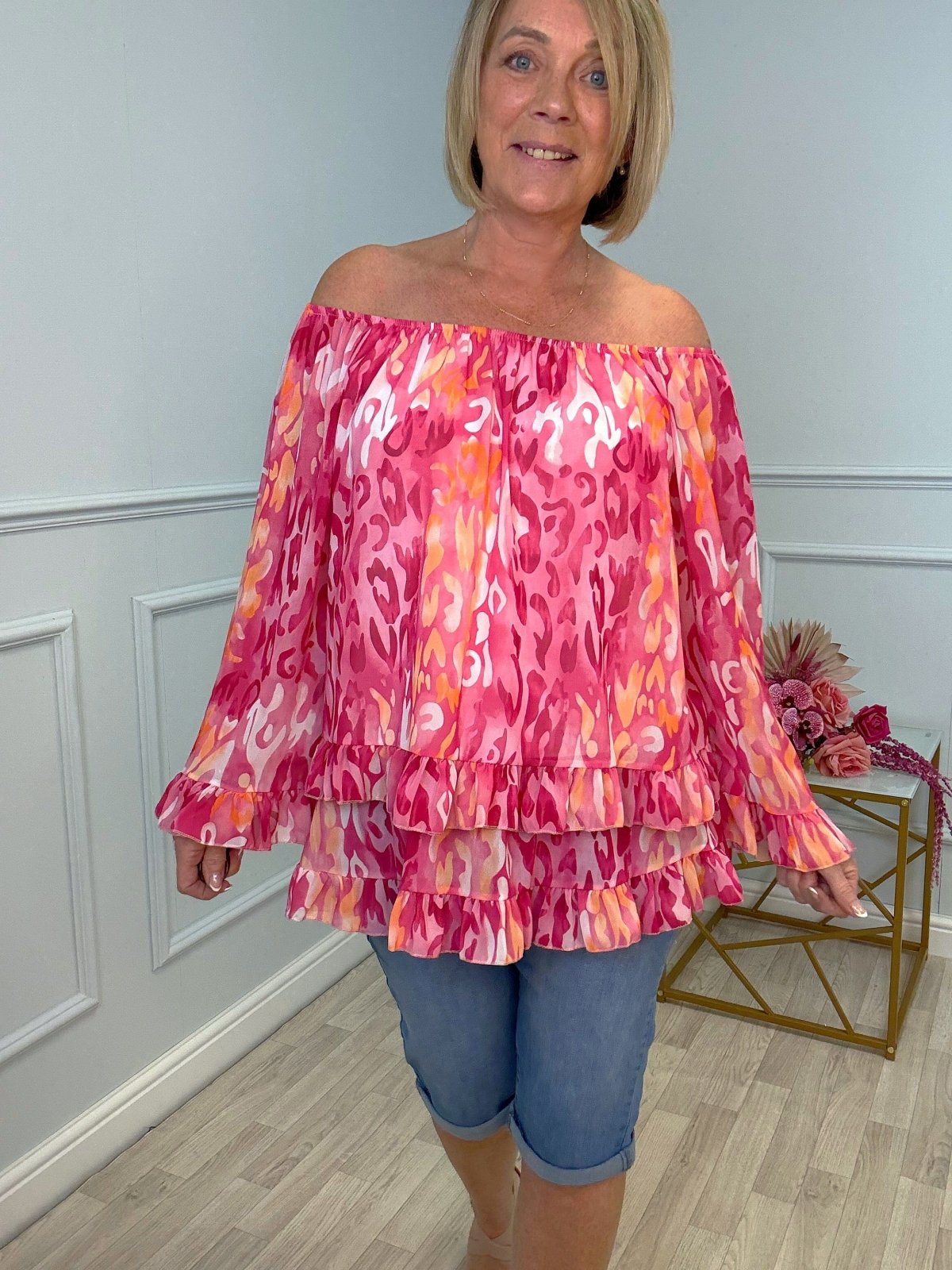 Serena Abstract Animal Print Bardot Frill Hem Chiffon Top Sizes 10 - 20 Fuchsia - Susie's Boutique - | Women's Fashion Online