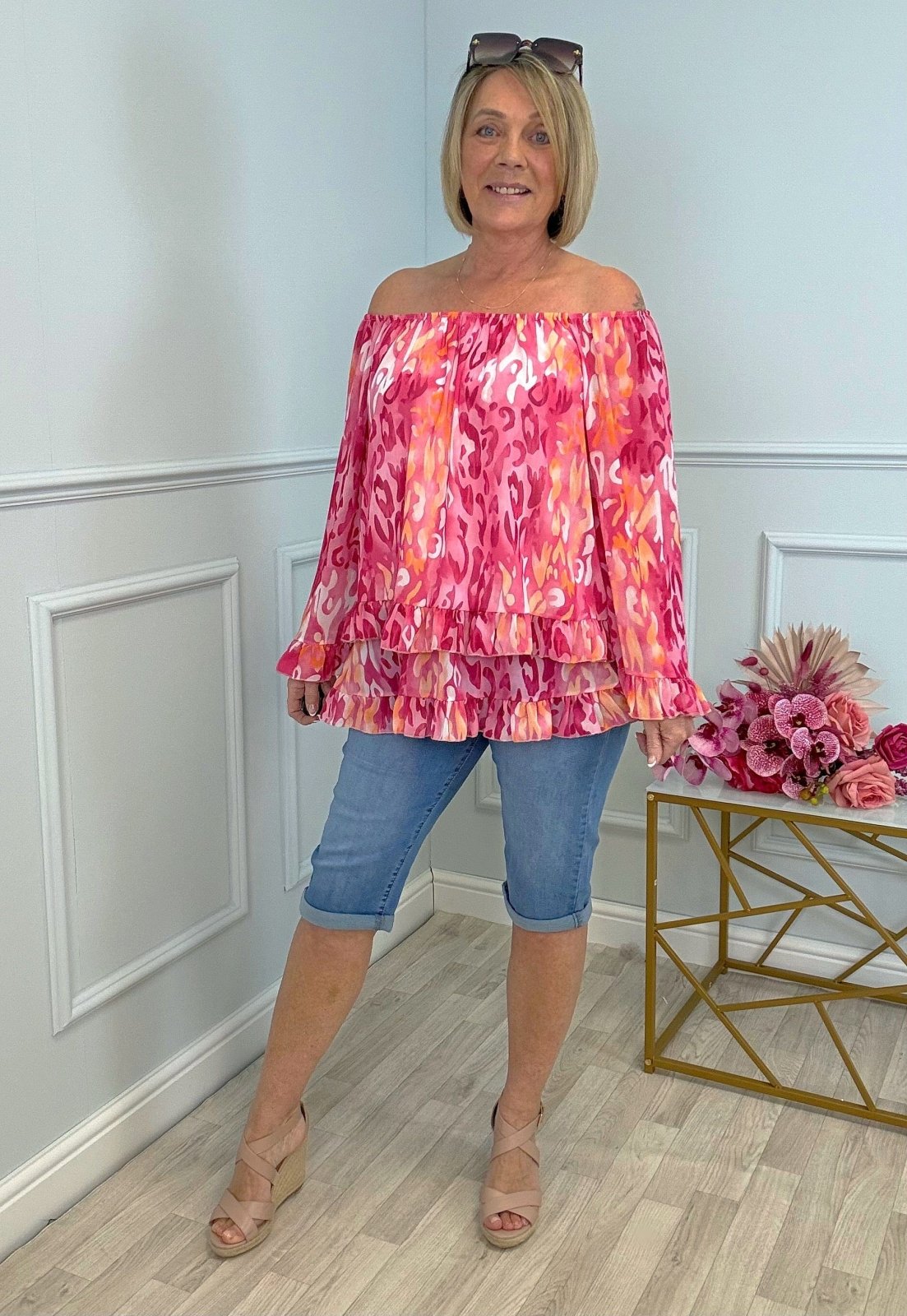 Serena Abstract Animal Print Bardot Frill Hem Chiffon Top Sizes 10 - 20 Fuchsia - Susie's Boutique - | Women's Fashion Online