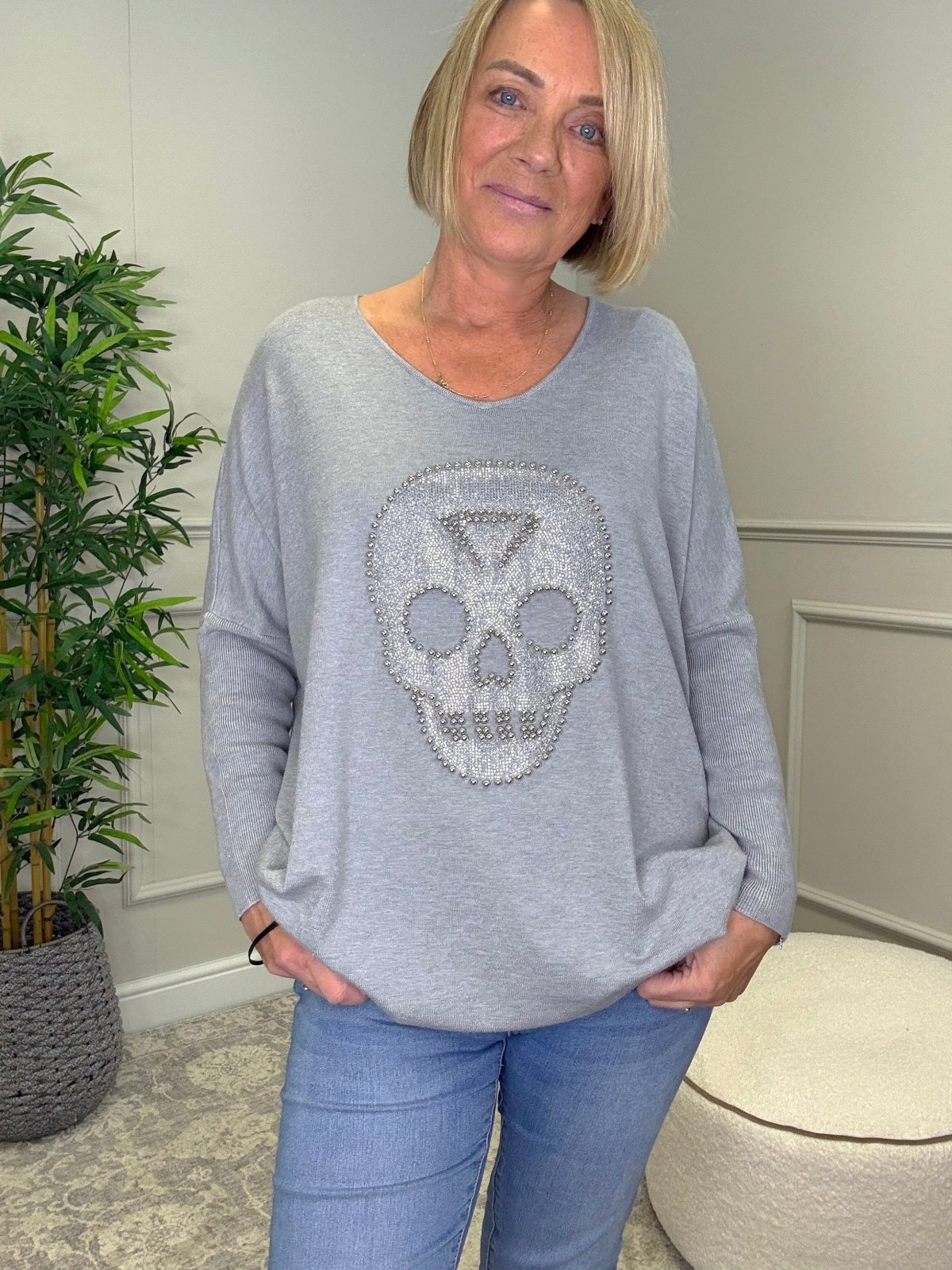 Studded Skull Knit Jumper – One Size 10–20 Grey - Susie's Boutique - | Women's Fashion Online