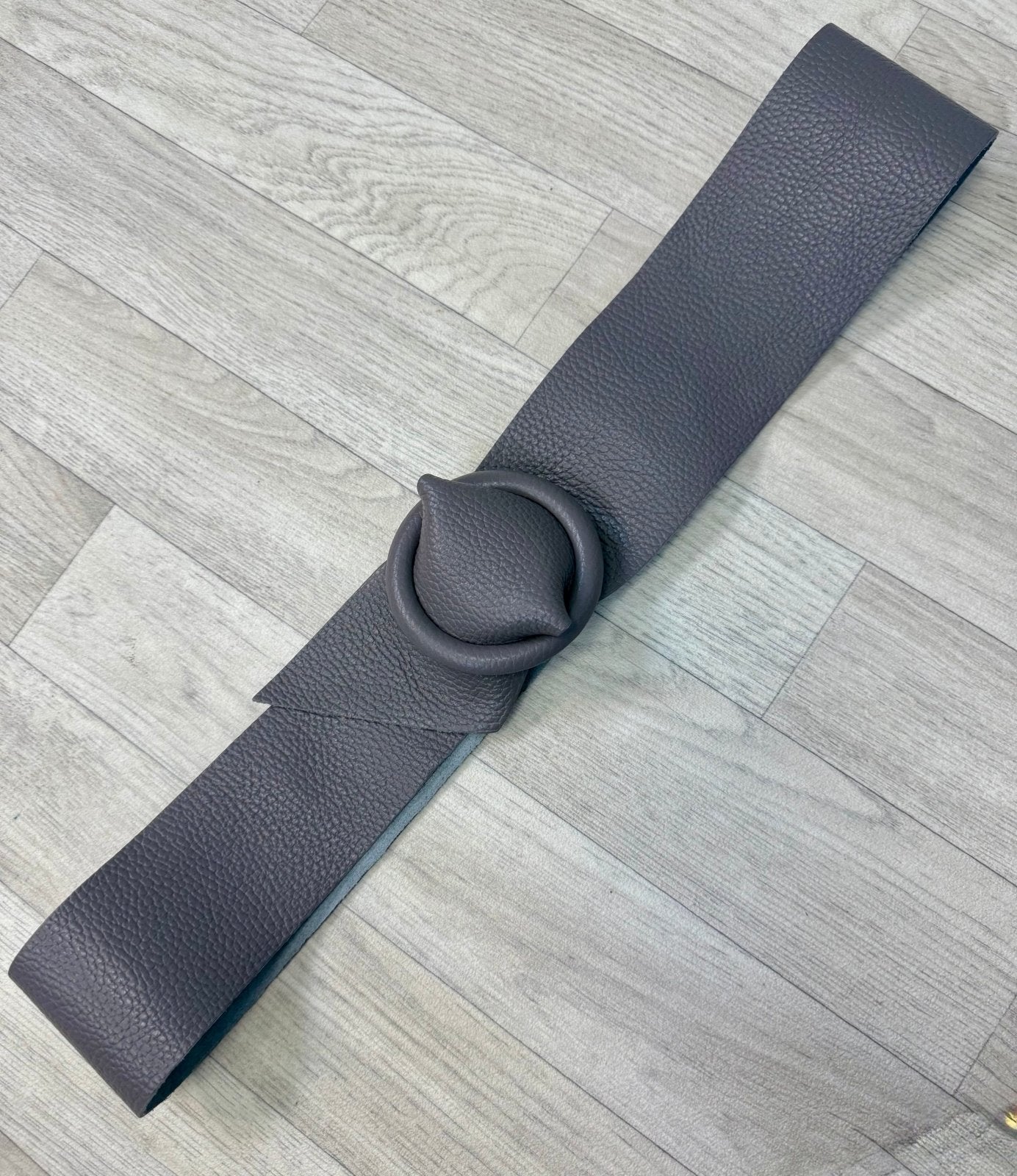 Soft Leather Wrap Belt with Round Covered Buckle – One Size Grey - Susie's Boutique - | Women's Fashion Online