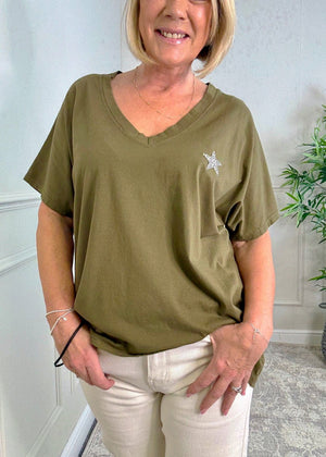 Nova Star Detail V - Neck Tee 10 - 18 Khaki - Susie's Boutique - | Women's Fashion Online