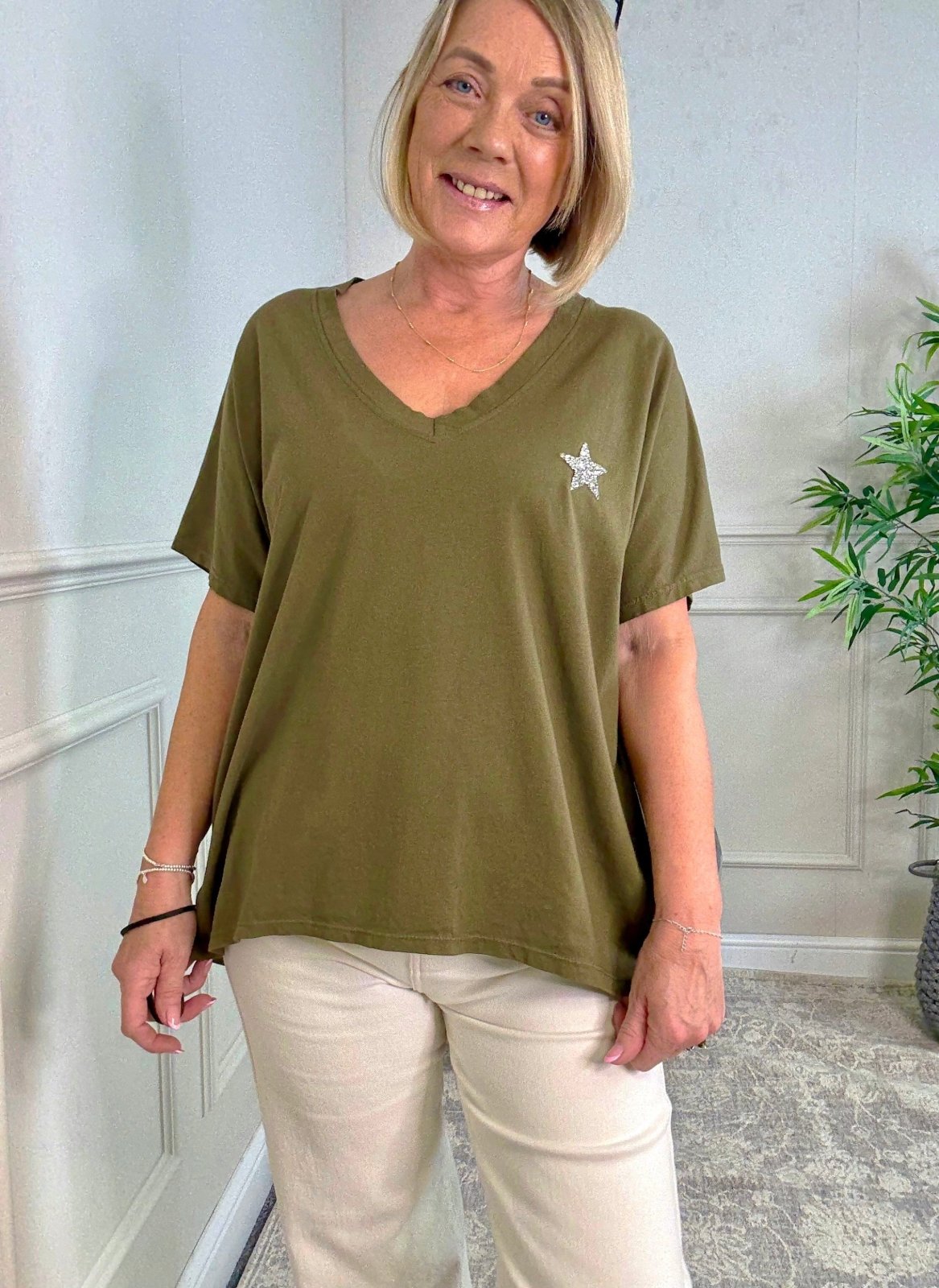 Nova Star Detail V - Neck Tee 10 - 18 Khaki - Susie's Boutique - | Women's Fashion Online