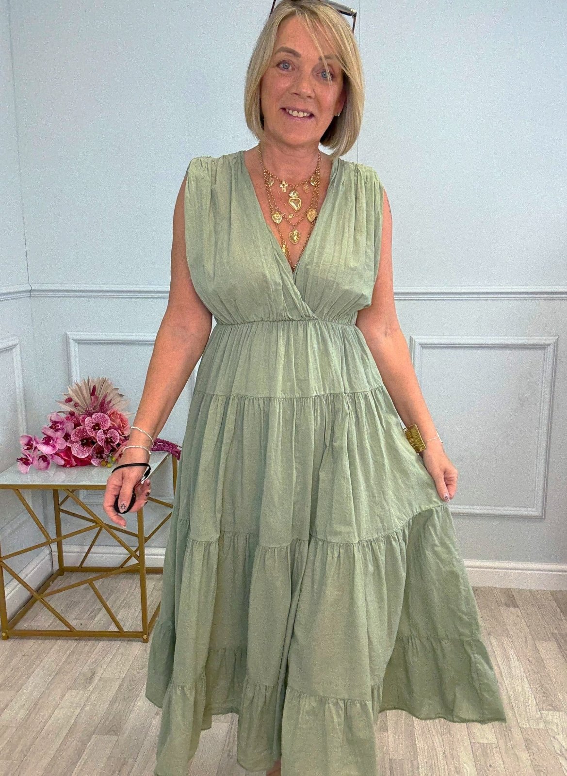 Calla Tiered Cotton Midi Dress 8–18 Khaki - Susie's Boutique - | Women's Fashion Online