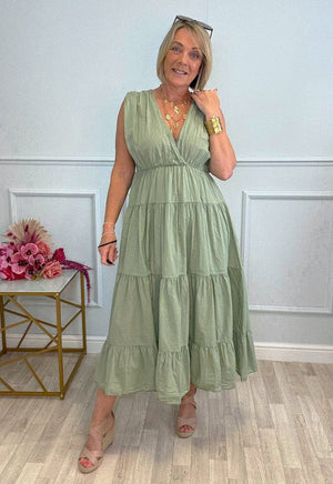 Calla Tiered Cotton Midi Dress 8–18 Khaki - Susie's Boutique - | Women's Fashion Online