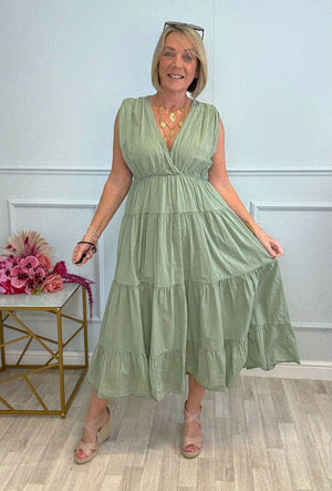 Calla Tiered Cotton Midi Dress 8–18 Khaki - Susie's Boutique - | Women's Fashion Online