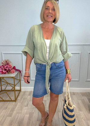 Nysa Cotton Tie - Front Shrug 8 - 18 Khaki - Susie's Boutique - | Women's Fashion Online