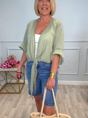 Nysa Cotton Tie - Front Shrug 8 - 18 Khaki - Susie's Boutique - | Women's Fashion Online