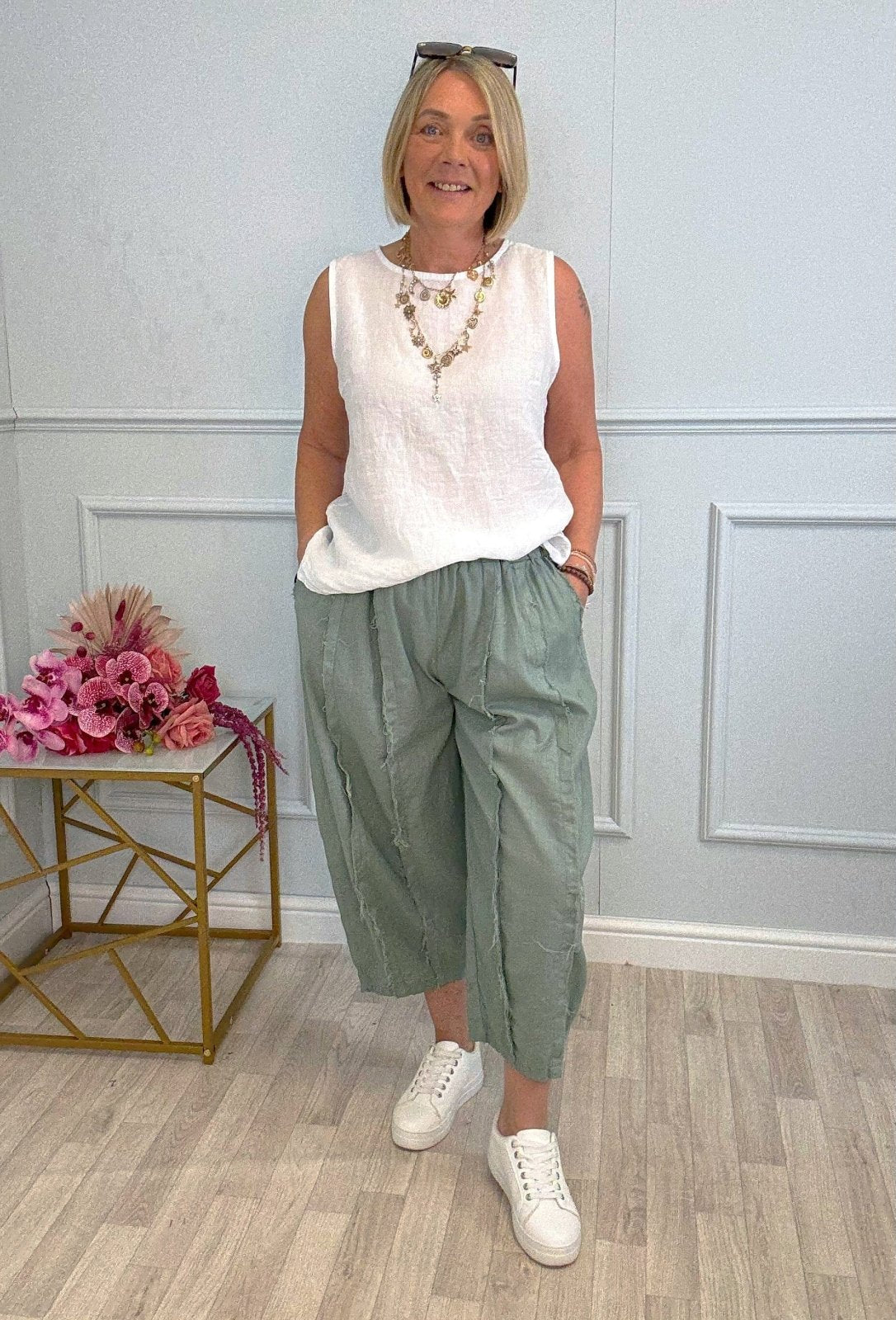 Zaya Raw Seam Textured Cocoon Linen Trousers 8 - 18 Khaki - Susie's Boutique - | Women's Fashion Online