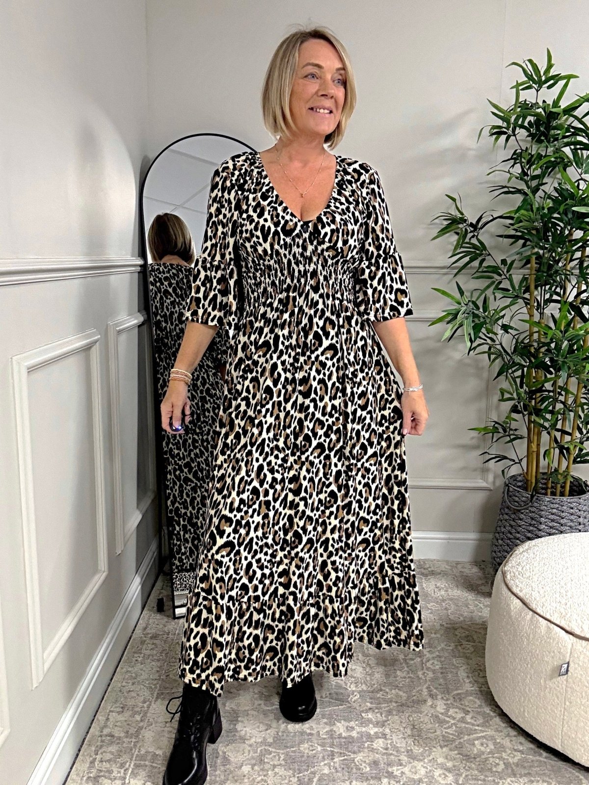 Azalea Leopard V - Neck Shirred Waist Midi Dress - Flowy & Elegant Design (Sizes 8 - 20) - Susie's Boutique - | Women's Fashion Online