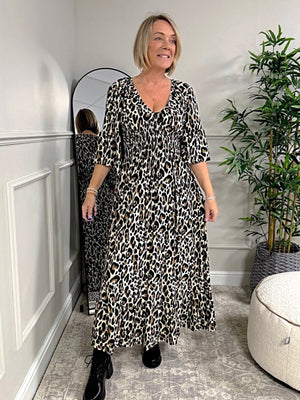 Azalea Leopard V - Neck Shirred Waist Midi Dress - Flowy & Elegant Design (Sizes 8 - 20) - Susie's Boutique - | Women's Fashion Online