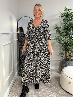 Azalea Leopard V - Neck Shirred Waist Midi Dress - Flowy & Elegant Design (Sizes 8 - 20) - Susie's Boutique - | Women's Fashion Online