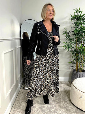 Azalea Leopard V - Neck Shirred Waist Midi Dress - Flowy & Elegant Design (Sizes 8 - 20) - Susie's Boutique - | Women's Fashion Online