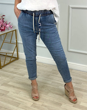 Emily Drawstring Pull‑On Mom Jeans | Sizes 10–20 Light Wash - Susie's Boutique - | Women's Fashion Online