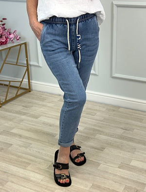 Emily Drawstring Pull‑On Mom Jeans | Sizes 10–20 Light Wash - Susie's Boutique - | Women's Fashion Online