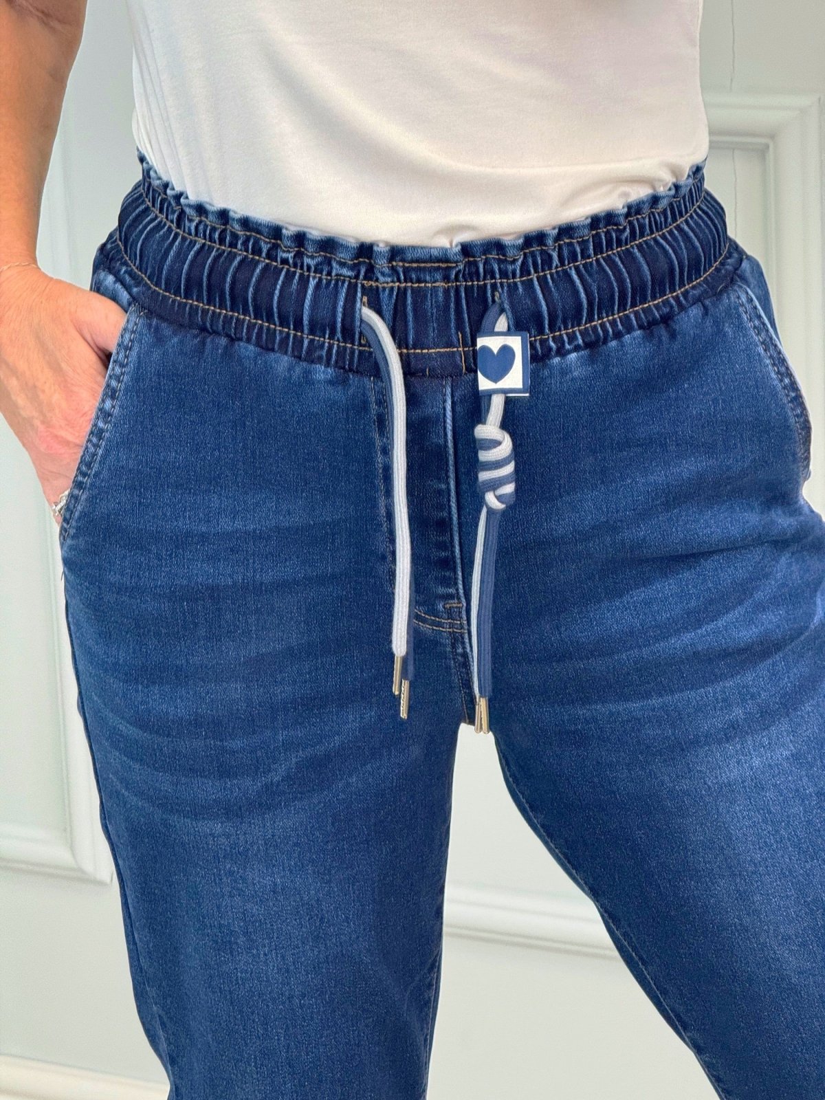 Emily Drawstring Pull‑On Mom Jeans | Sizes 10–20 Mid Wash - Susie's Boutique - | Women's Fashion Online