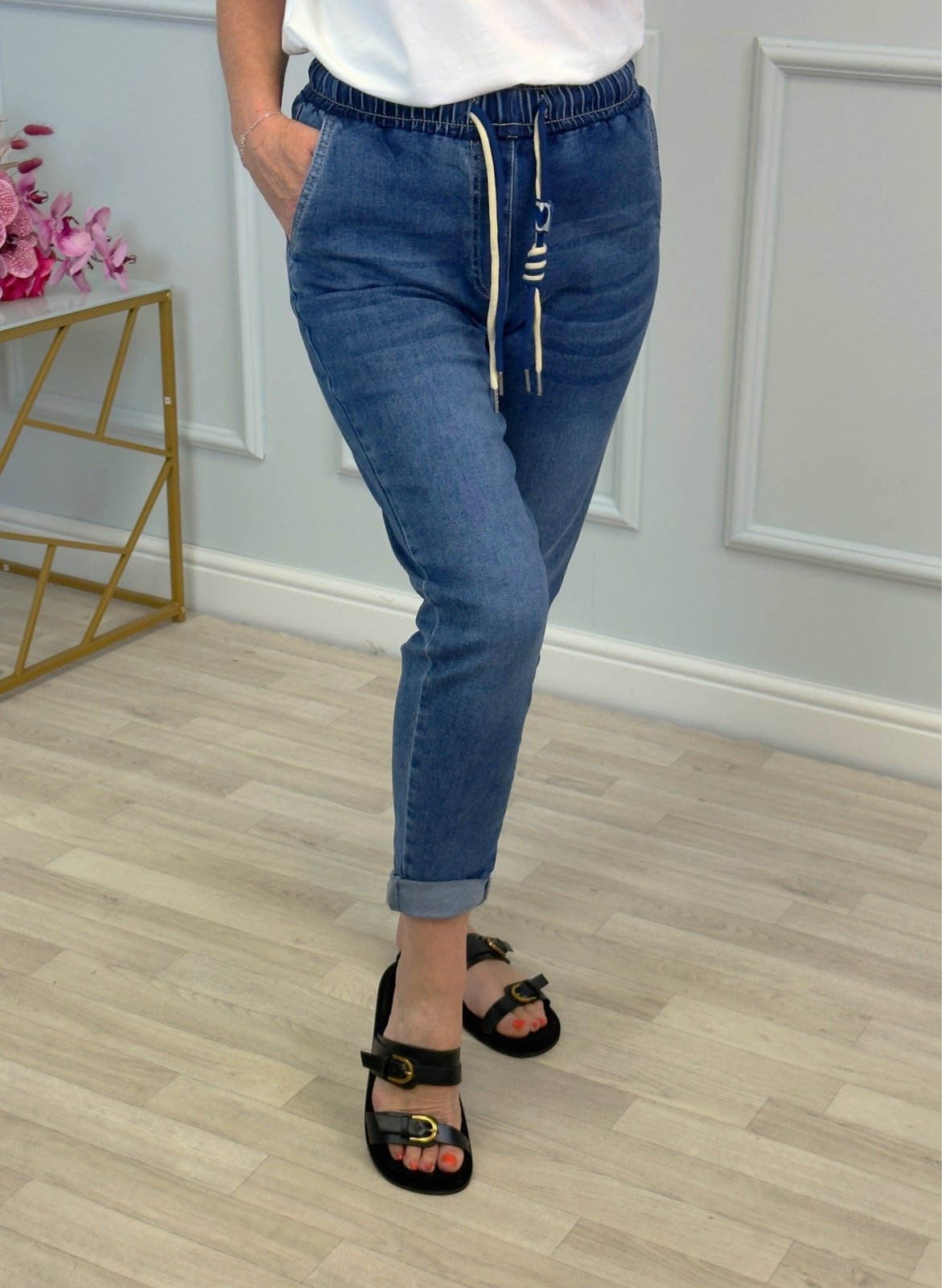 Emily Drawstring Pull‑On Mom Jeans | Sizes 10–20 Mid Wash - Susie's Boutique - | Women's Fashion Online