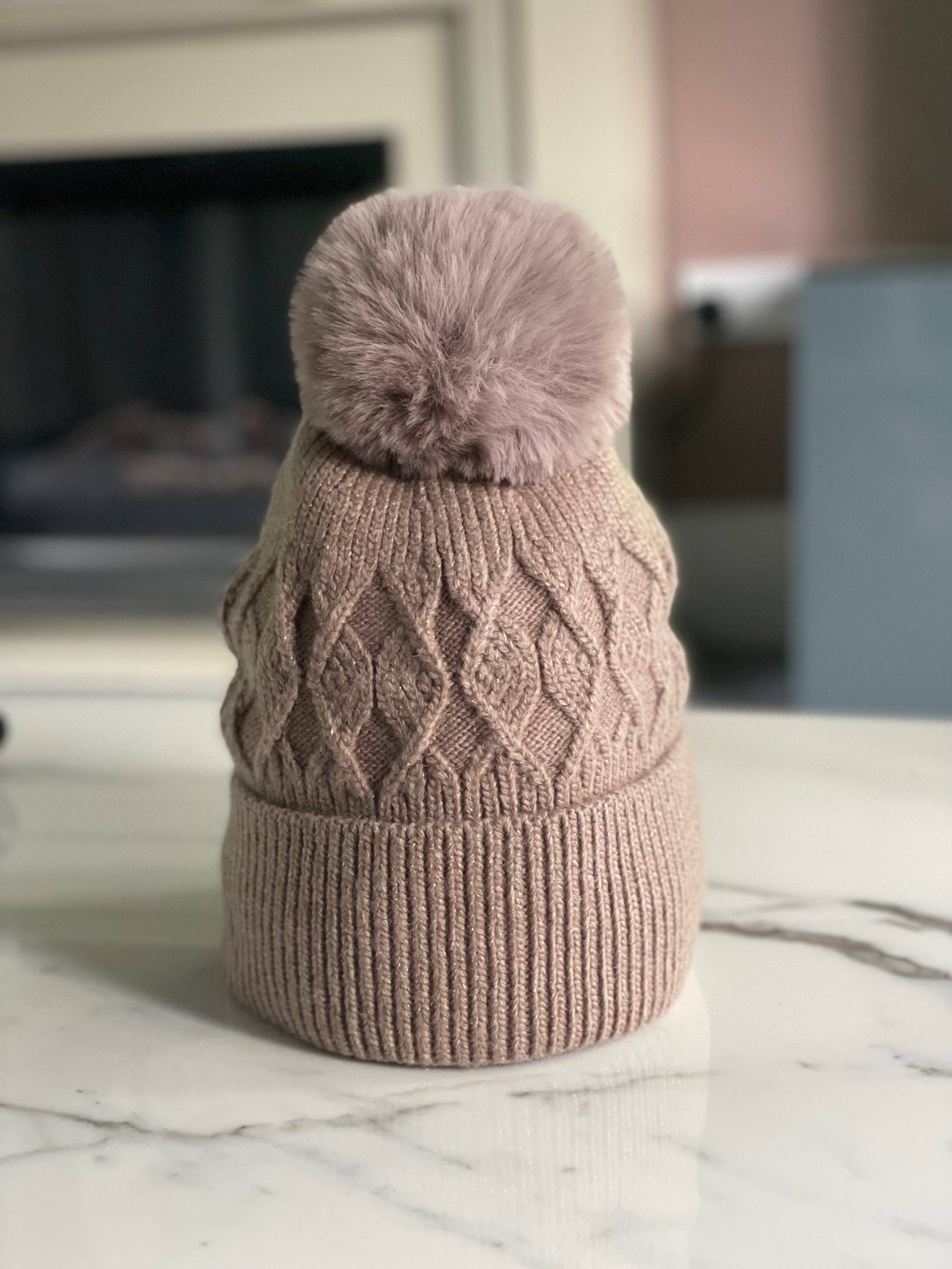 Shimmer Cable Knit Pom Pom Hat mocha NO RETURNS ON SALE ITEMS - Susie's Boutique