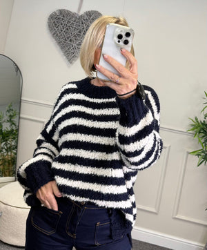 Susie wearing navy and white stripe jumper with jeans available at www.susiesboutoque.co.uk