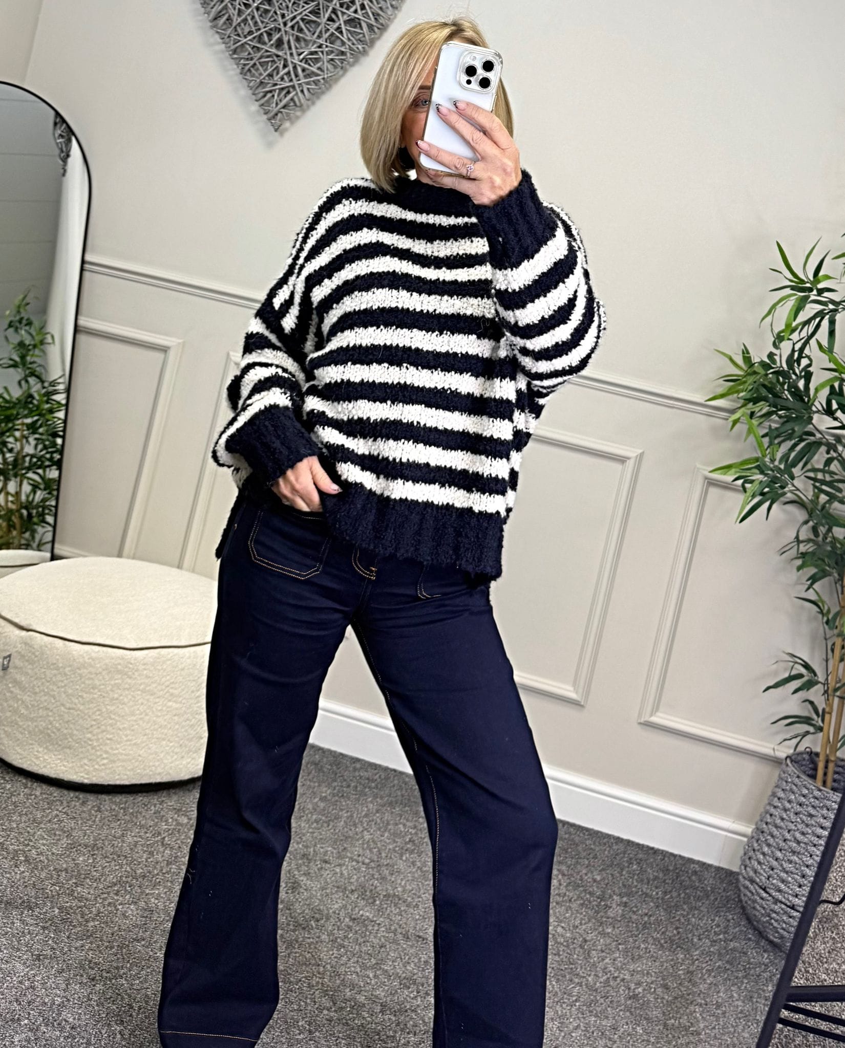 Susie wearing navy and white stripe jumper with jeans available at www.susiesboutoque.co.uk