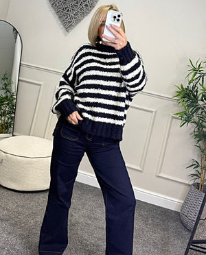 Susie wearing navy and white stripe jumper with jeans available at www.susiesboutoque.co.uk