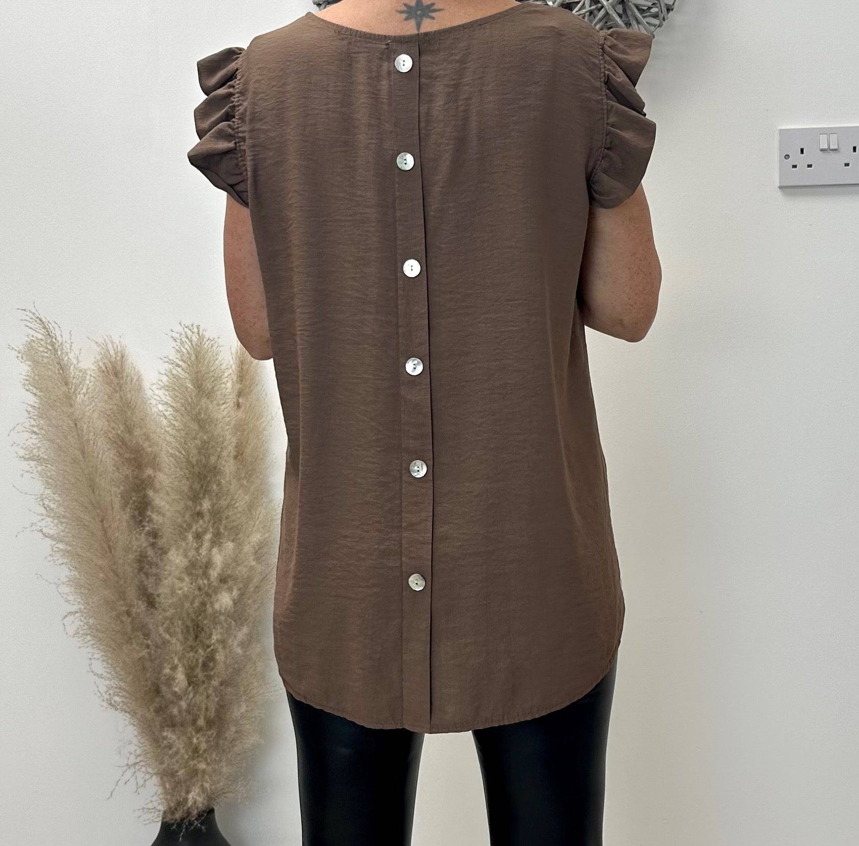 Grace Frill Sleeve Button Back Top 8-16 Chocolate - Susie's Boutique