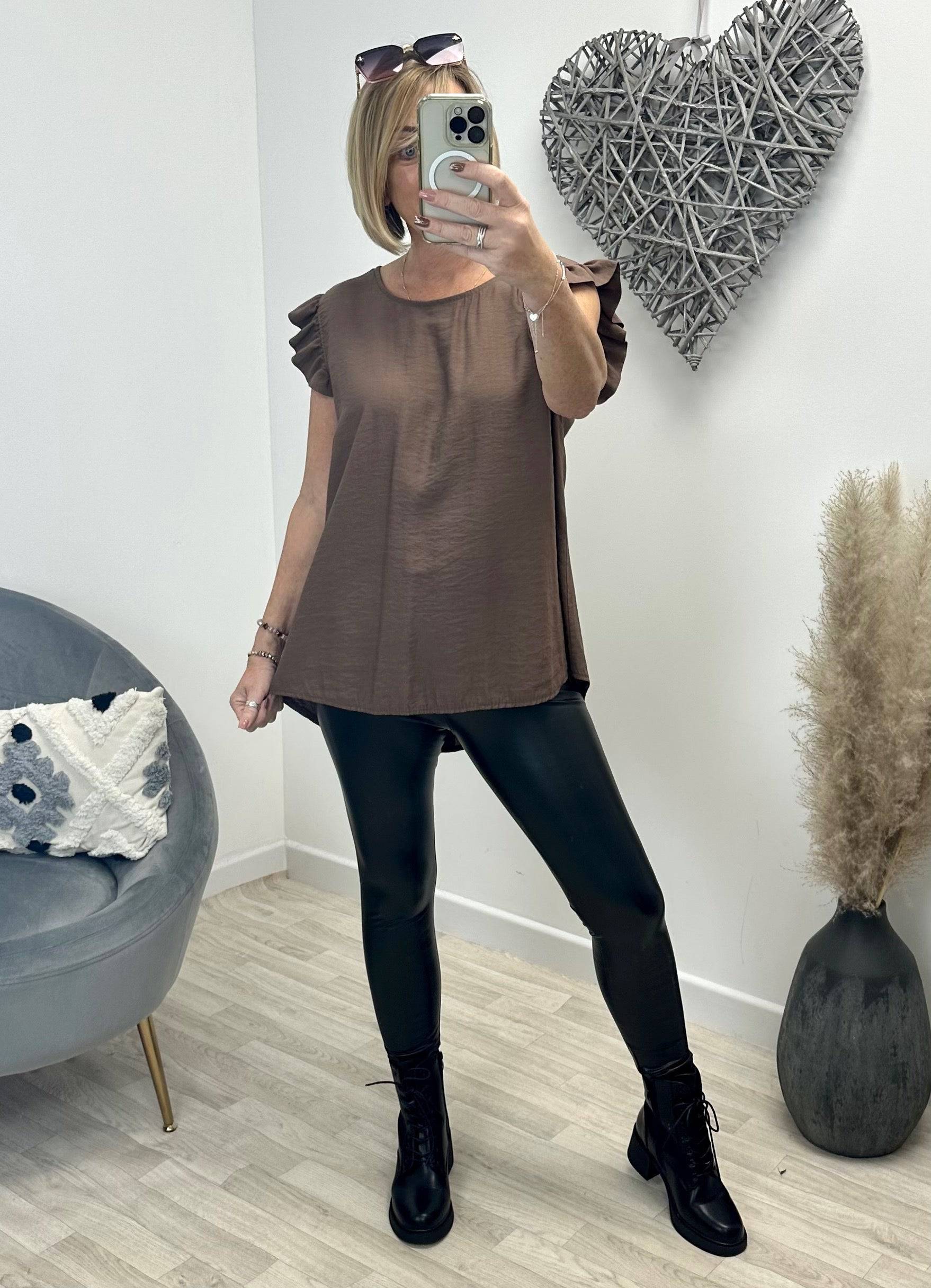 Grace Frill Sleeve Button Back Top 8-16 Chocolate - Susie's Boutique