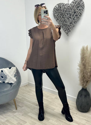 Grace Frill Sleeve Button Back Top 8-16 Chocolate - Susie's Boutique