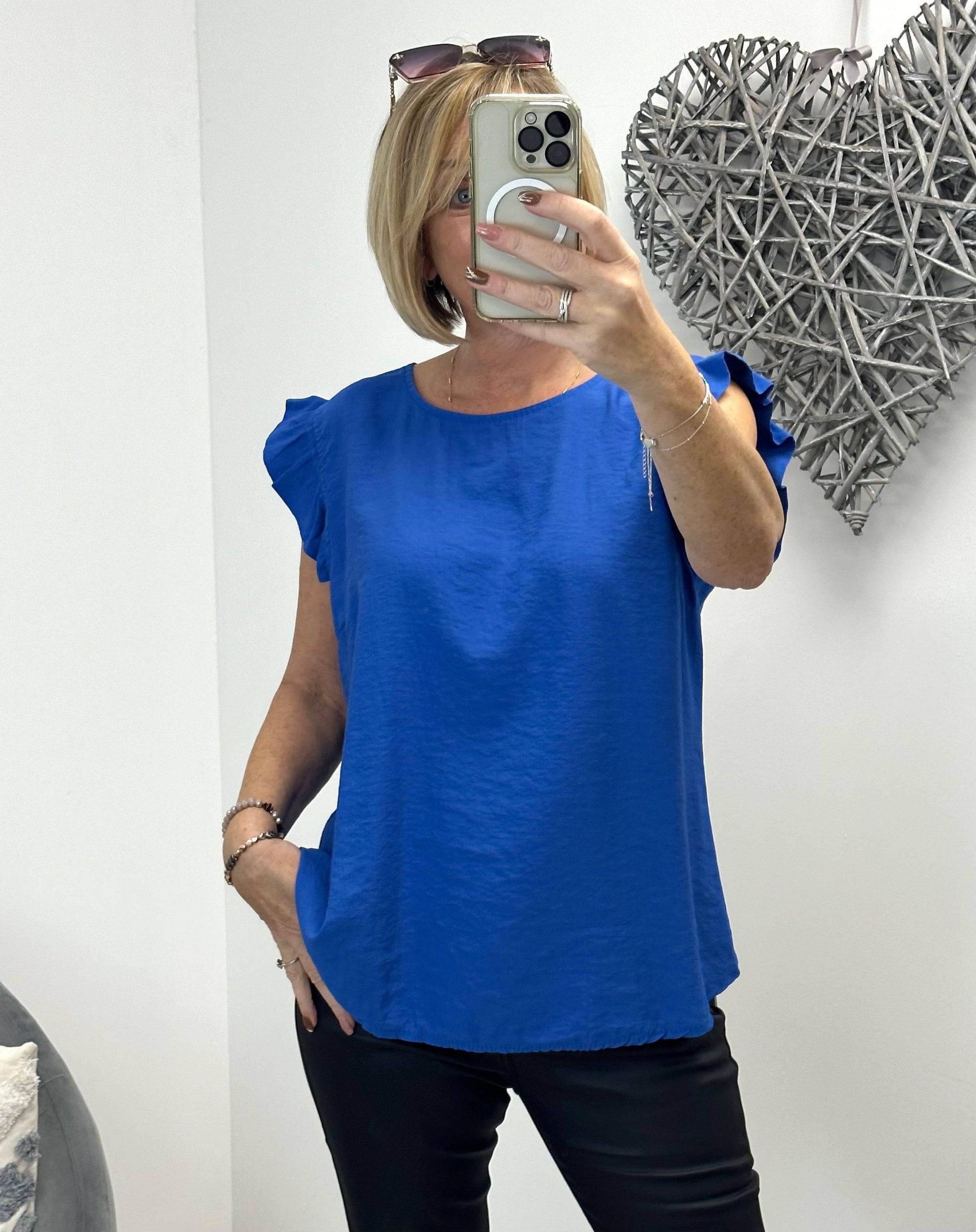 Grace Frill Sleeve Button Back Top 8-16 Cobalt - Susie's Boutique